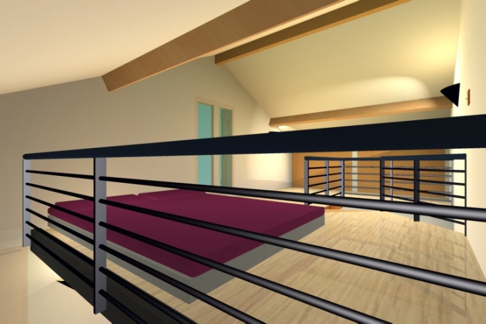 R�habilitation d'un garage : vue 3D de la chambre (mezzanine)